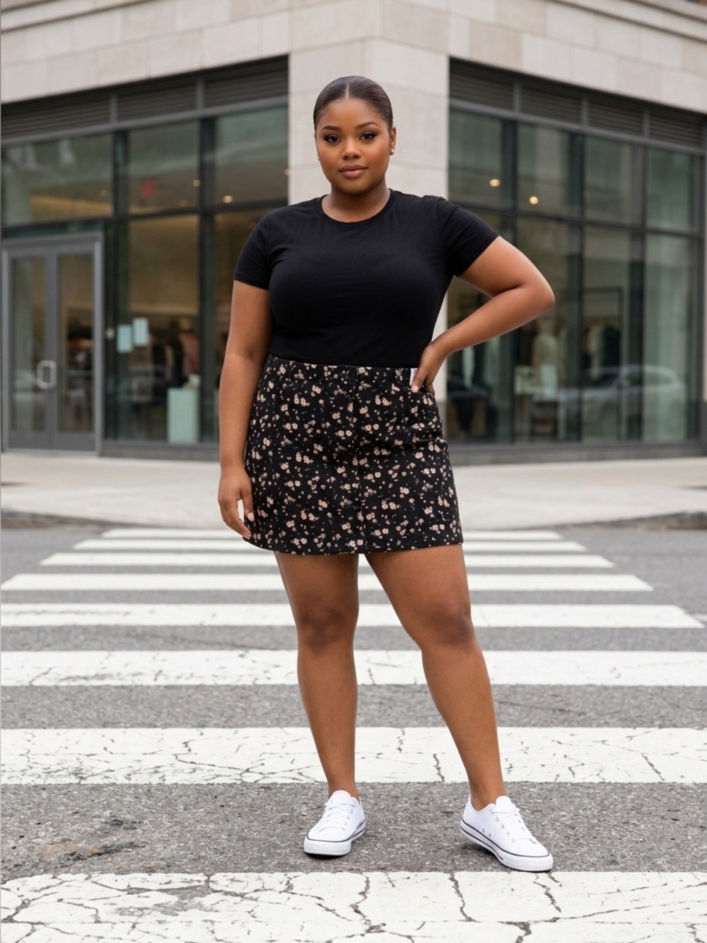 Denim Black, Beige and Pink Floral Mini Skirt with Neutral Flower Print